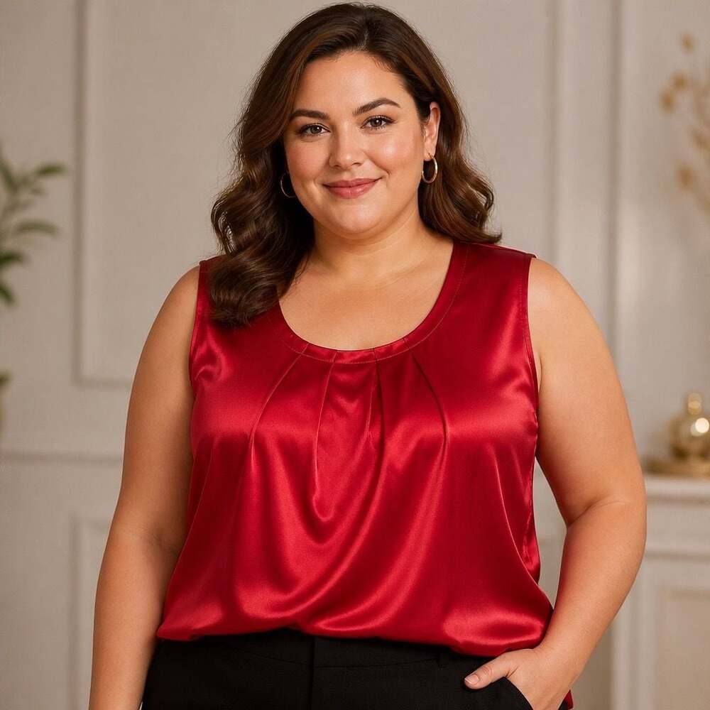 Lane Bryant Red Satin Sleeveless Pleated Scoop Neck Plus Size Tank Top